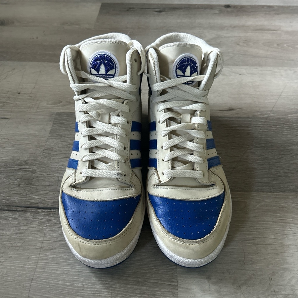 Adidas high tops, cream and blue